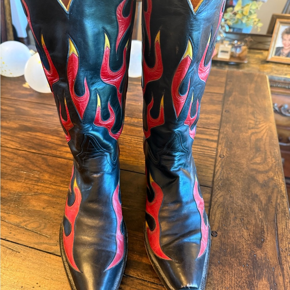 Vintage Rocketbuster and JB Hill Collab Black and Red Flame Cowboy Boots